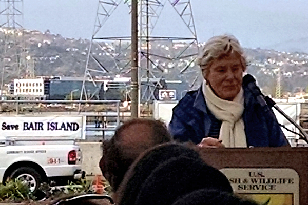 Sandra Cooperman of Friends of Redwood City speaking at the occasion of Bair Island Restoration Celebration on Dec 10, 2015. Photo courtesy Ceal Craig. Copyright CC-BY-SA 3.0